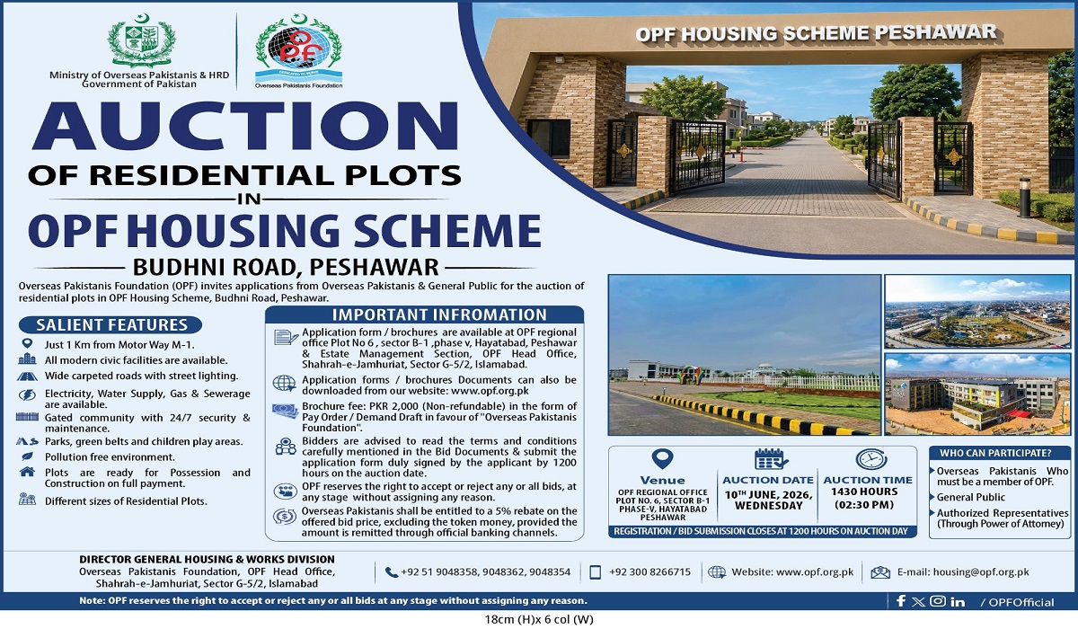 AUCTION OF RESIDENTIAL PLOTS IN OPF HOUSING SCHEME AT BUDHNI ROAD , PESHAWAR